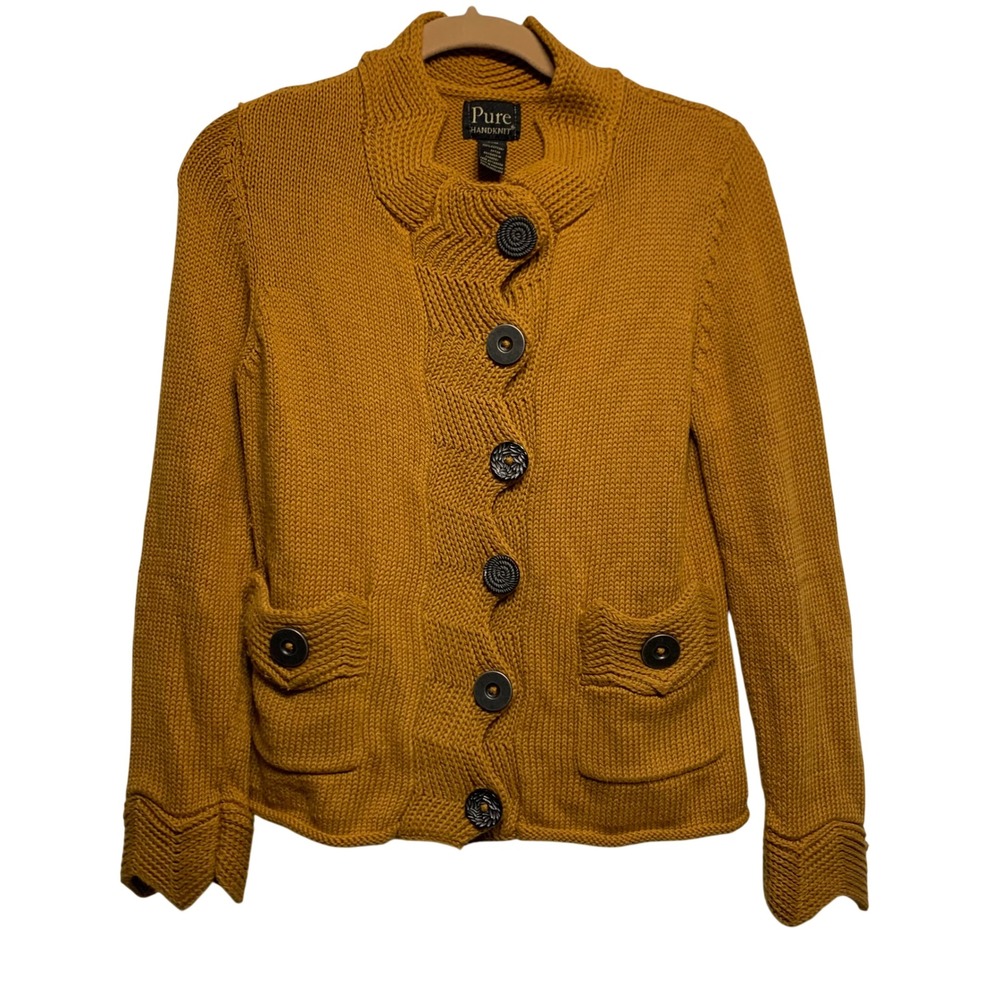 Pure Handknit Cardigan Sweater S/M Mustard Yellow Cotton Chunky Knit Scalloped